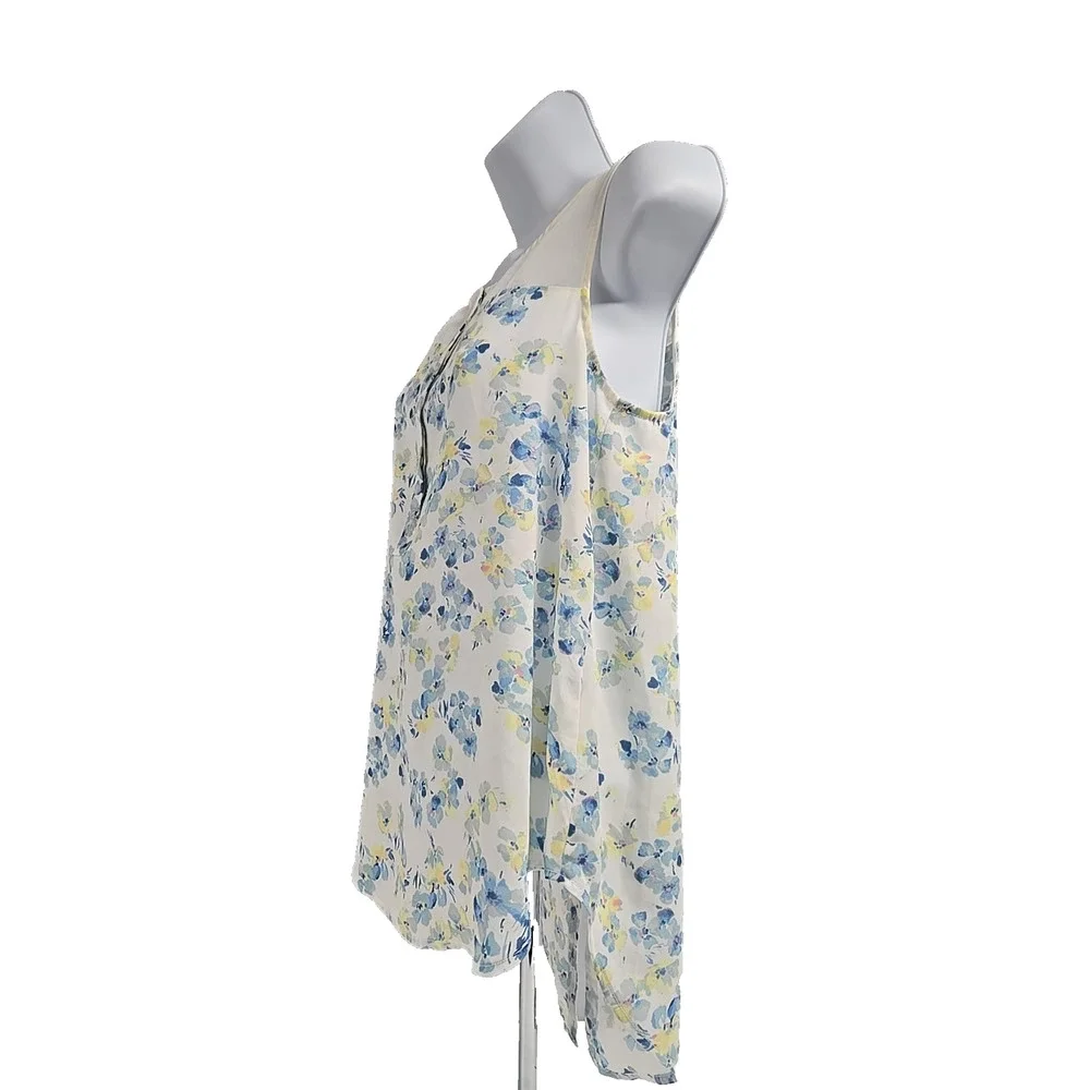 Lauren Conrad Womens Sleeveless Floral Blouse White Blue Yellow Boho Size S
